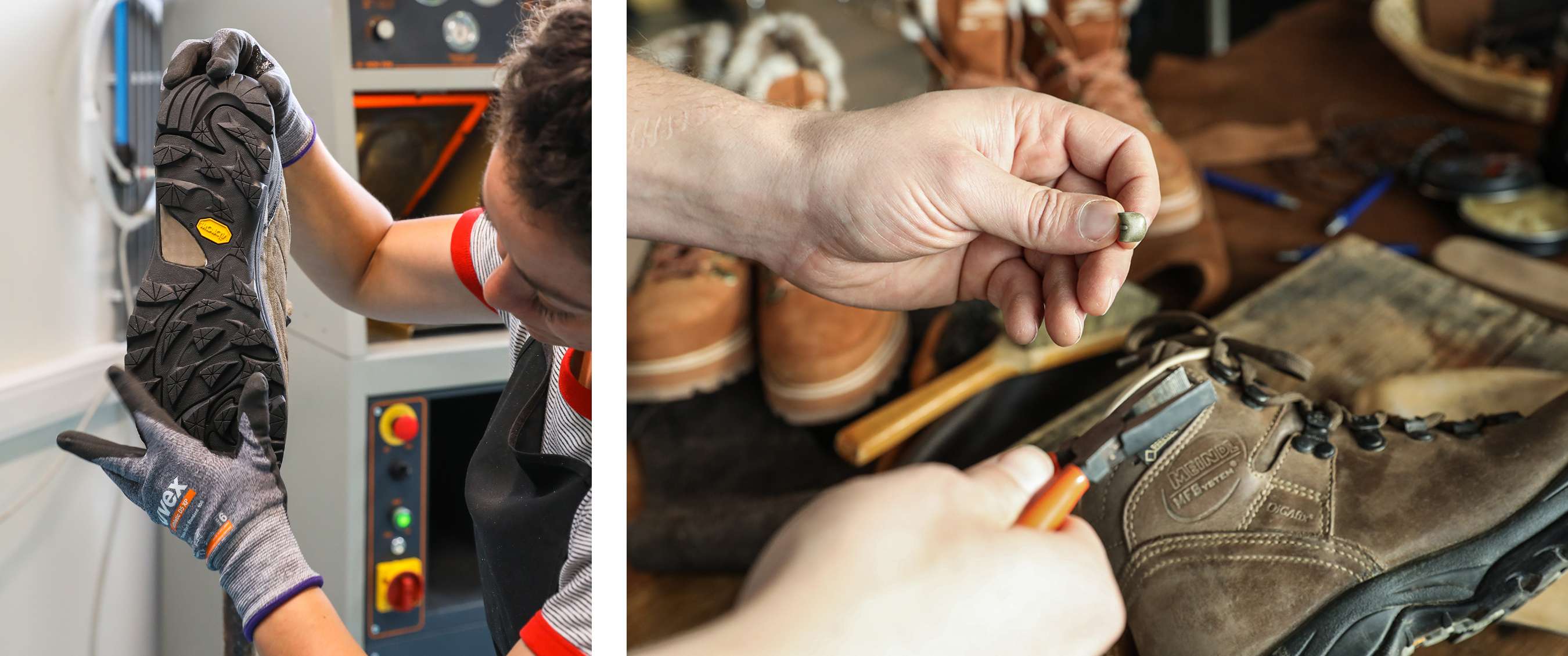 De schoenmakers van het inhouse schoenatelier / Schoenmaker herstelt wandelschoenen en kan je betalen met ecocheques