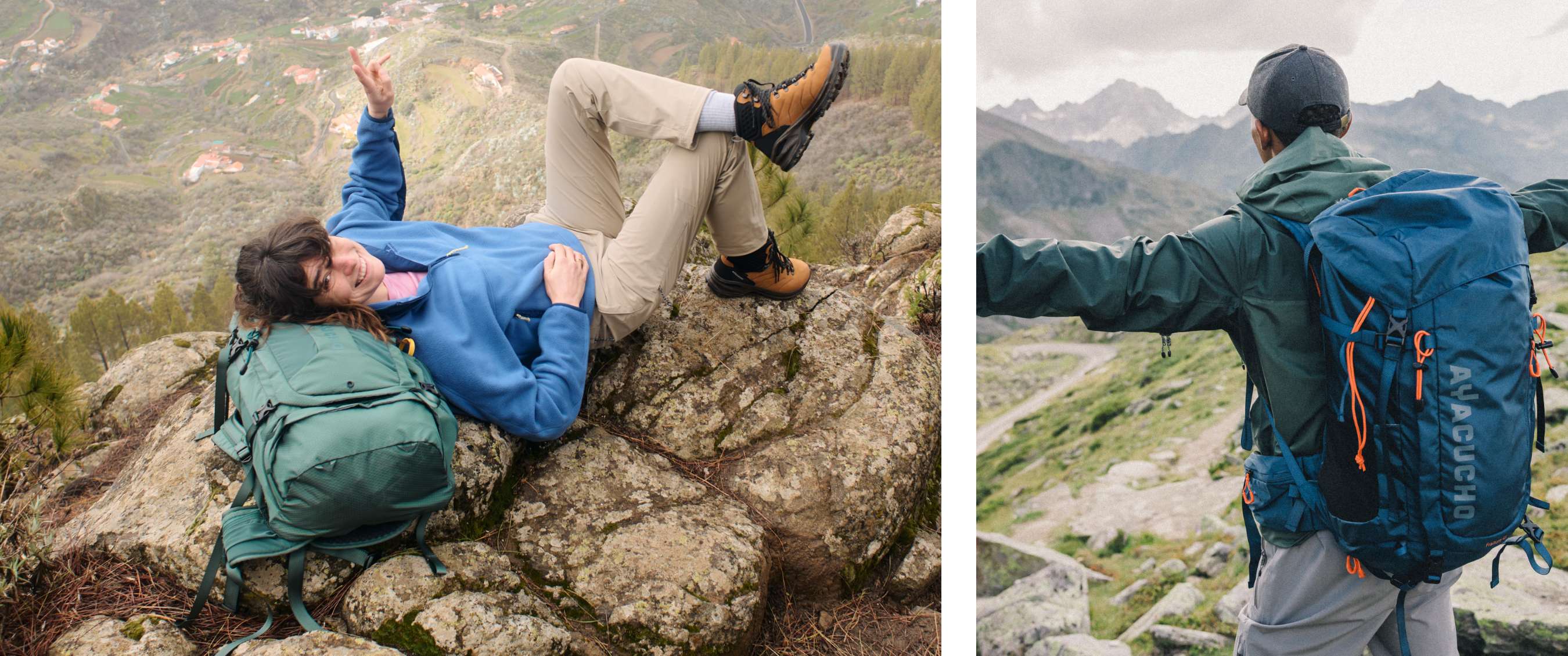 Twee beelden: vrouw ligt op rotsen naast een groene rugzak; wandelaar met blauwe rugzak kijkt uit op de bergen