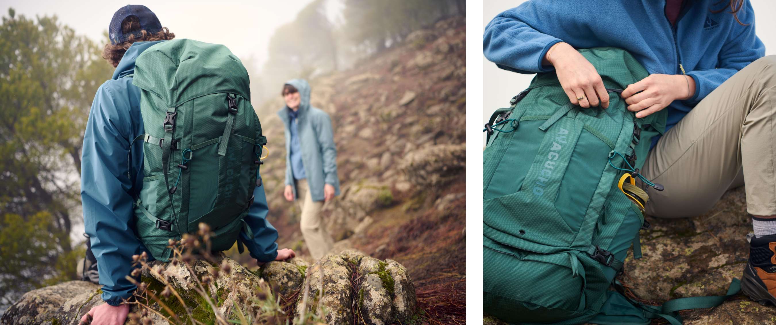 Twee beelden: wandelaar met groene rugzak in mistig berggebied; detail van groene rugzak met sluitingen