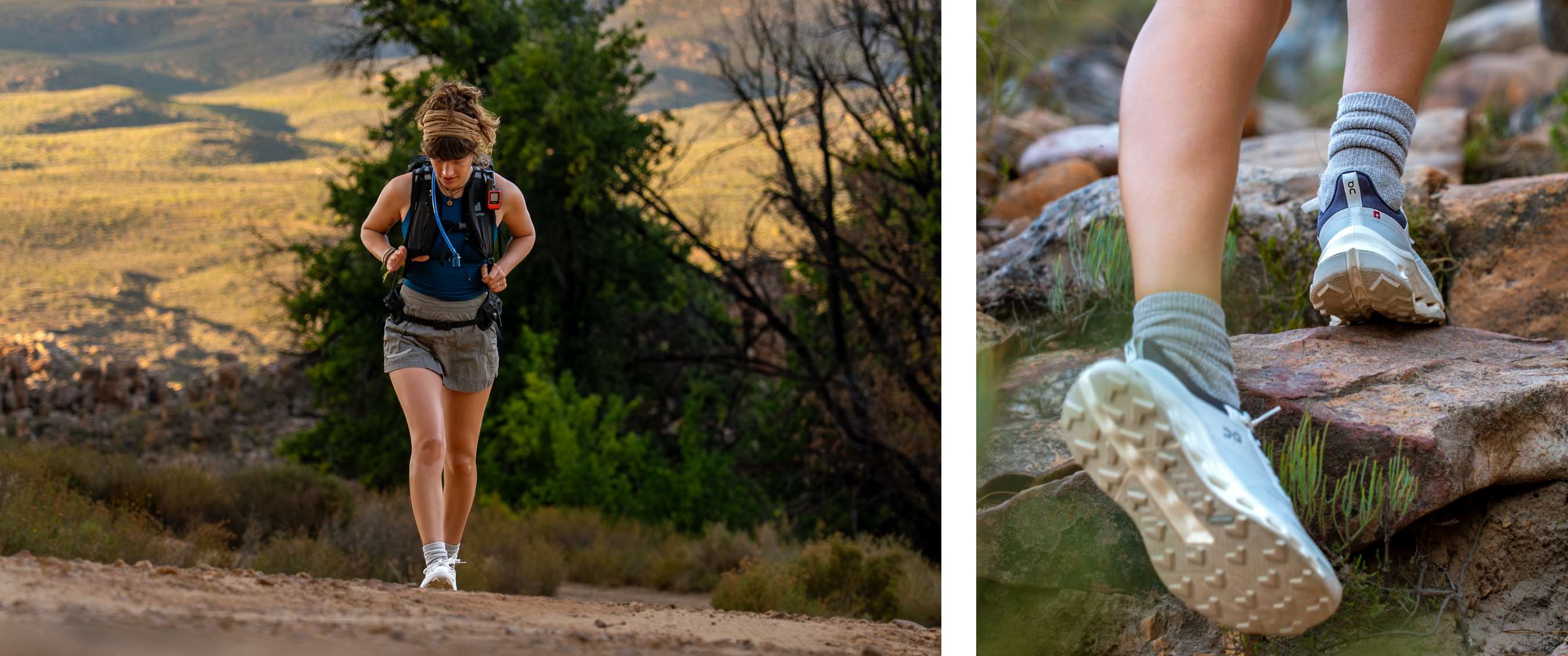 Twee beelden: wandelaar met rugzak op bergpad; close-up van wandelschoenen met profielzool op rotsen.